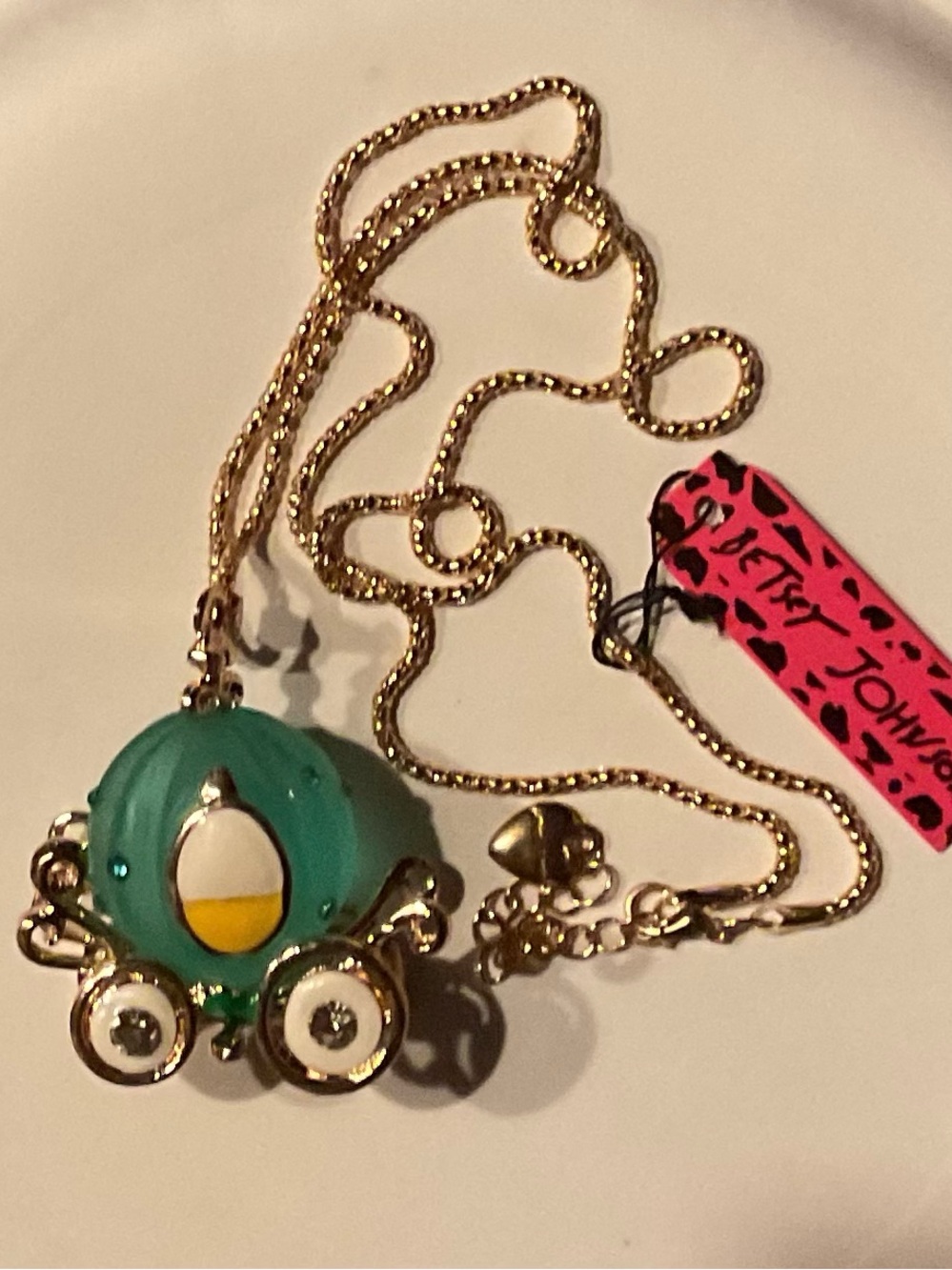 Betsey Johnson Teal Carriage Pendant Necklace with Gold Chain